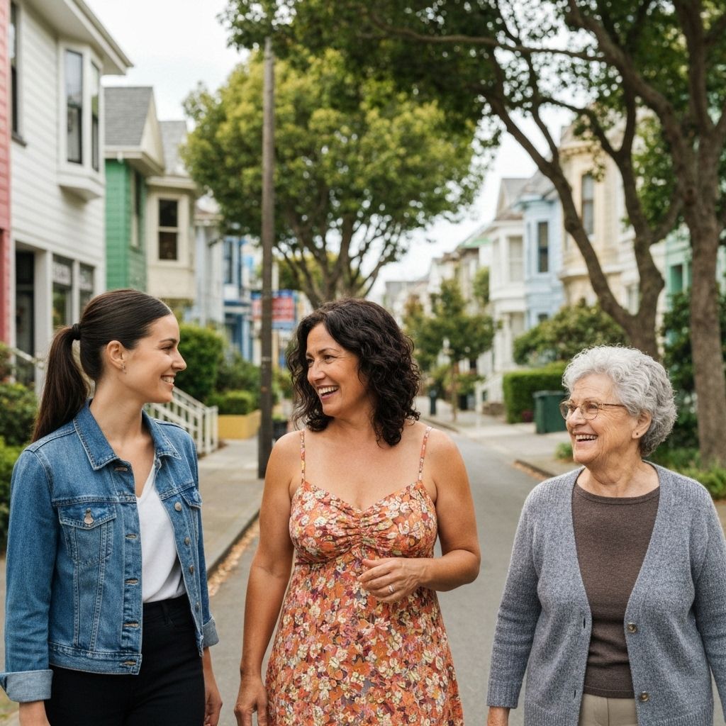 Three women walking together in the neighborhood